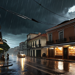 **

A visually striking image depicting a power outage caused by a severe thunderstorm in a Brazilian city. Include elements like downed power lines sparking against a backdrop of heavy rain and dark clouds. Emphasize the impact on everyday life with darkened buildings and flickering streetlights. Consider adding a touch of realism by depicting a "padaria" (bakery) with its lights off and people looking concerned.

**