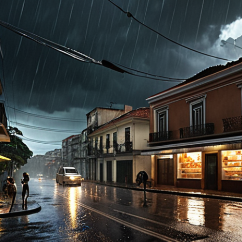 **

A visually striking image depicting a power outage caused by a severe thunderstorm in a Brazilian city. Include elements like downed power lines sparking against a backdrop of heavy rain and dark clouds. Emphasize the impact on everyday life with darkened buildings and flickering streetlights. Consider adding a touch of realism by depicting a "padaria" (bakery) with its lights off and people looking concerned.

**