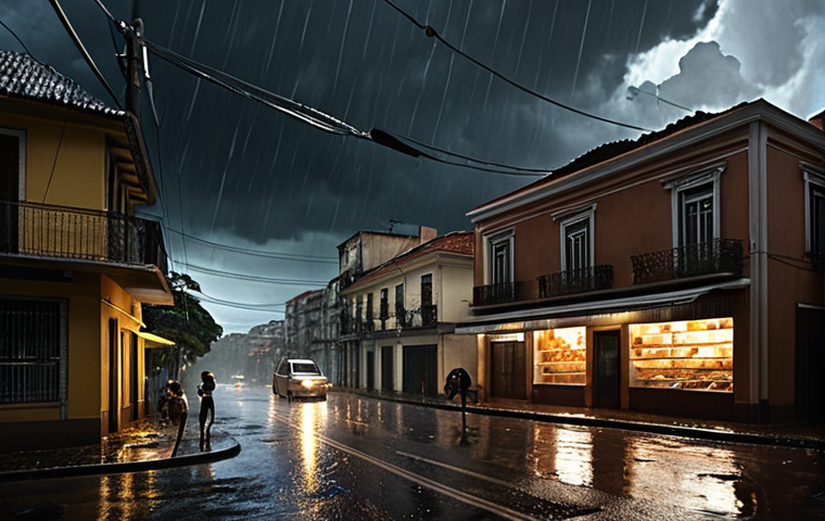 **
A visually striking image depicting a power outage caused by a severe thunderstorm in a Brazilian city. Include elements like downed power lines sparking against a backdrop of heavy rain and dark clouds. Emphasize the impact on everyday life with darkened buildings and flickering streetlights. Consider adding a touch of realism by depicting a "padaria" (bakery) with its lights off and people looking concerned.
**