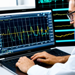 A professional electrical engineer, fully clothed in a modest lab coat, intently observing the waveform on an advanced digital oscilloscope in a modern, well-lit electronics lab. On a nearby desk, a laptop displays complex data analysis software with intricate graphs and charts. The scene conveys precision and expertise. safe for work, appropriate content, fully clothed, professional dress, perfect anatomy, correct proportions, natural pose, well-formed hands, proper finger count, natural body proportions, professional photography, high quality.