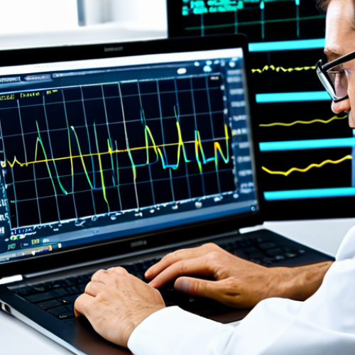 A professional electrical engineer, fully clothed in a modest lab coat, intently observing the waveform on an advanced digital oscilloscope in a modern, well-lit electronics lab. On a nearby desk, a laptop displays complex data analysis software with intricate graphs and charts. The scene conveys precision and expertise. safe for work, appropriate content, fully clothed, professional dress, perfect anatomy, correct proportions, natural pose, well-formed hands, proper finger count, natural body proportions, professional photography, high quality.
