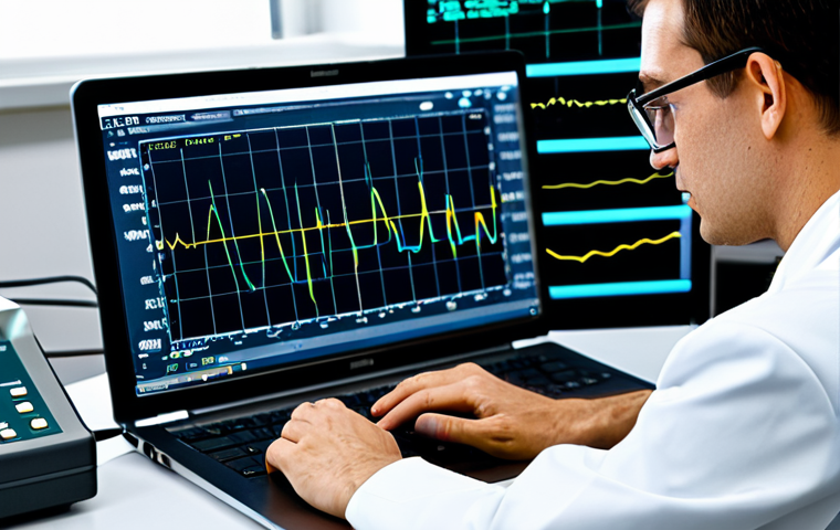 A professional electrical engineer, fully clothed in a modest lab coat, intently observing the waveform on an advanced digital oscilloscope in a modern, well-lit electronics lab. On a nearby desk, a laptop displays complex data analysis software with intricate graphs and charts. The scene conveys precision and expertise. safe for work, appropriate content, fully clothed, professional dress, perfect anatomy, correct proportions, natural pose, well-formed hands, proper finger count, natural body proportions, professional photography, high quality.
