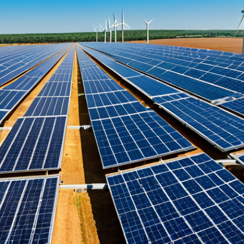 A professional, modern landscape showcasing vast rows of gleaming solar panels under a clear sky, and majestic wind turbines gracefully turning in the distance. The scene conveys a sense of clean energy generation and environmental progress. A few fully clothed, professional adults are visible in the foreground, observing the renewable energy infrastructure with an appreciative and optimistic expression. The lighting is bright and optimistic, emphasizing sustainability. The image should feature perfect anatomy, correct proportions, natural pose, well-formed hands, proper finger count, and natural body proportions. This is a safe for work, appropriate content, professional, high quality, fully clothed, modest clothing, appropriate attire, family-friendly depiction.