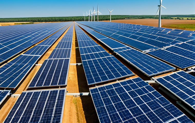 A professional, modern landscape showcasing vast rows of gleaming solar panels under a clear sky, and majestic wind turbines gracefully turning in the distance. The scene conveys a sense of clean energy generation and environmental progress. A few fully clothed, professional adults are visible in the foreground, observing the renewable energy infrastructure with an appreciative and optimistic expression. The lighting is bright and optimistic, emphasizing sustainability. The image should feature perfect anatomy, correct proportions, natural pose, well-formed hands, proper finger count, and natural body proportions. This is a safe for work, appropriate content, professional, high quality, fully clothed, modest clothing, appropriate attire, family-friendly depiction.