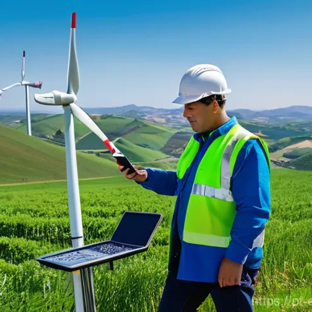 풍력 시스템 설계 - **Prompt:** A skilled technician, dressed in a safety vest and hard hat, meticulously performing a d...