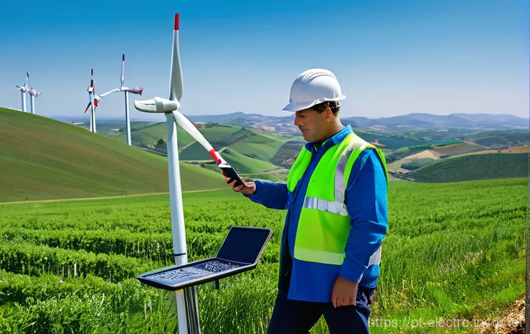 풍력 시스템 설계 - **Prompt:** A skilled technician, dressed in a safety vest and hard hat, meticulously performing a d...