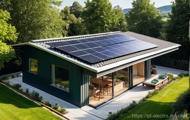 전기공학의 스마트 홈 응용 - A cutting-edge smart home entrance at dusk, highlighting advanced security features. A sleek, modern...