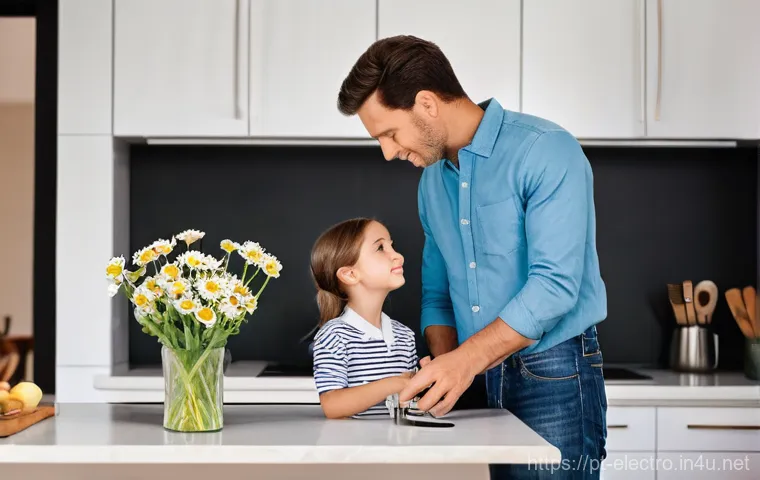 전력 시스템 시험 장비 - **Prompt:** A cozy, modern kitchen with warm lighting, featuring a young father carefully inserting ...