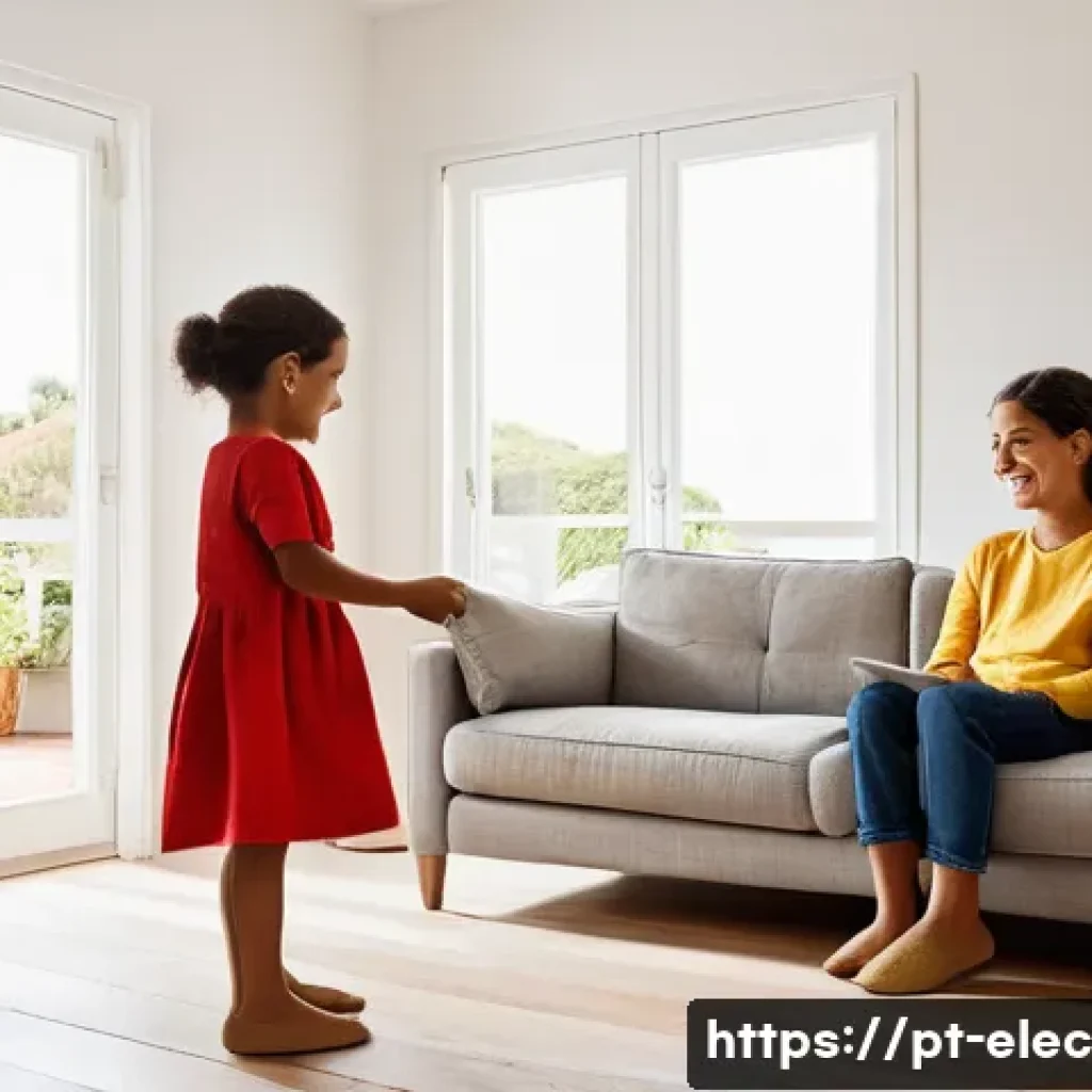 에너지 효율 최적화 - **Prompt:** A warm and inviting scene inside a modern Portuguese living room. A family, consisting o...