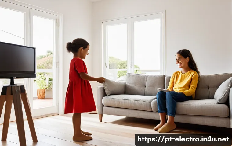 에너지 효율 최적화 - **Prompt:** A warm and inviting scene inside a modern Portuguese living room. A family, consisting o...