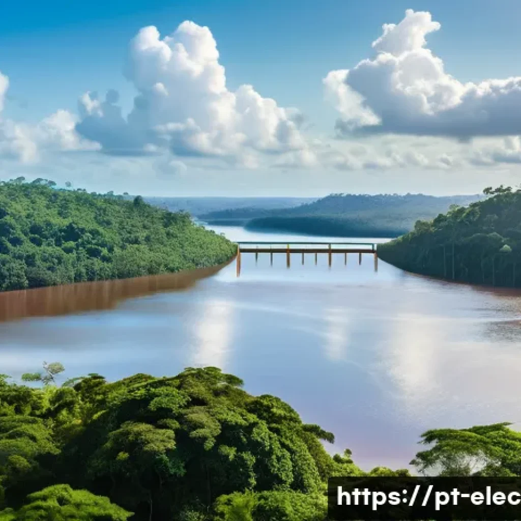 전력 시스템의 환경적 영향 - A vibrant Brazilian landscape showcasing a large hydroelectric dam surrounded by lush Amazon rainfor...