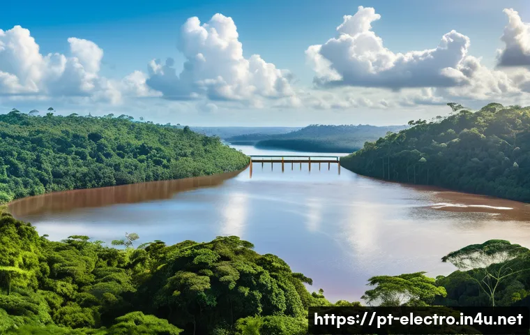 전력 시스템의 환경적 영향 - A vibrant Brazilian landscape showcasing a large hydroelectric dam surrounded by lush Amazon rainfor...
