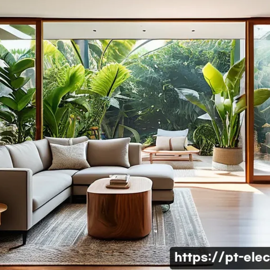 전력 효율성 분석 - A modern Brazilian home interior bathed in natural daylight, featuring large windows with sheer curt...