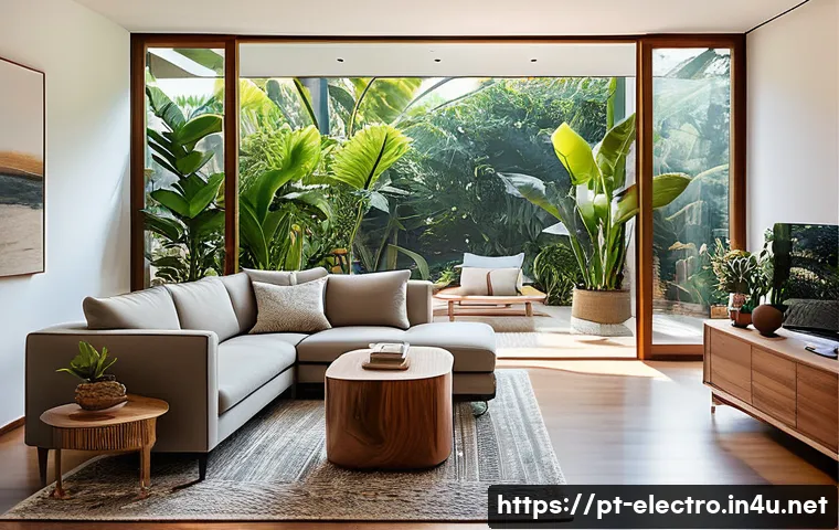 전력 효율성 분석 - A modern Brazilian home interior bathed in natural daylight, featuring large windows with sheer curt...