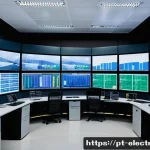 전기기기 설계의 최신 기술 - A high-tech industrial control room featuring advanced electric machine systems with digital control...