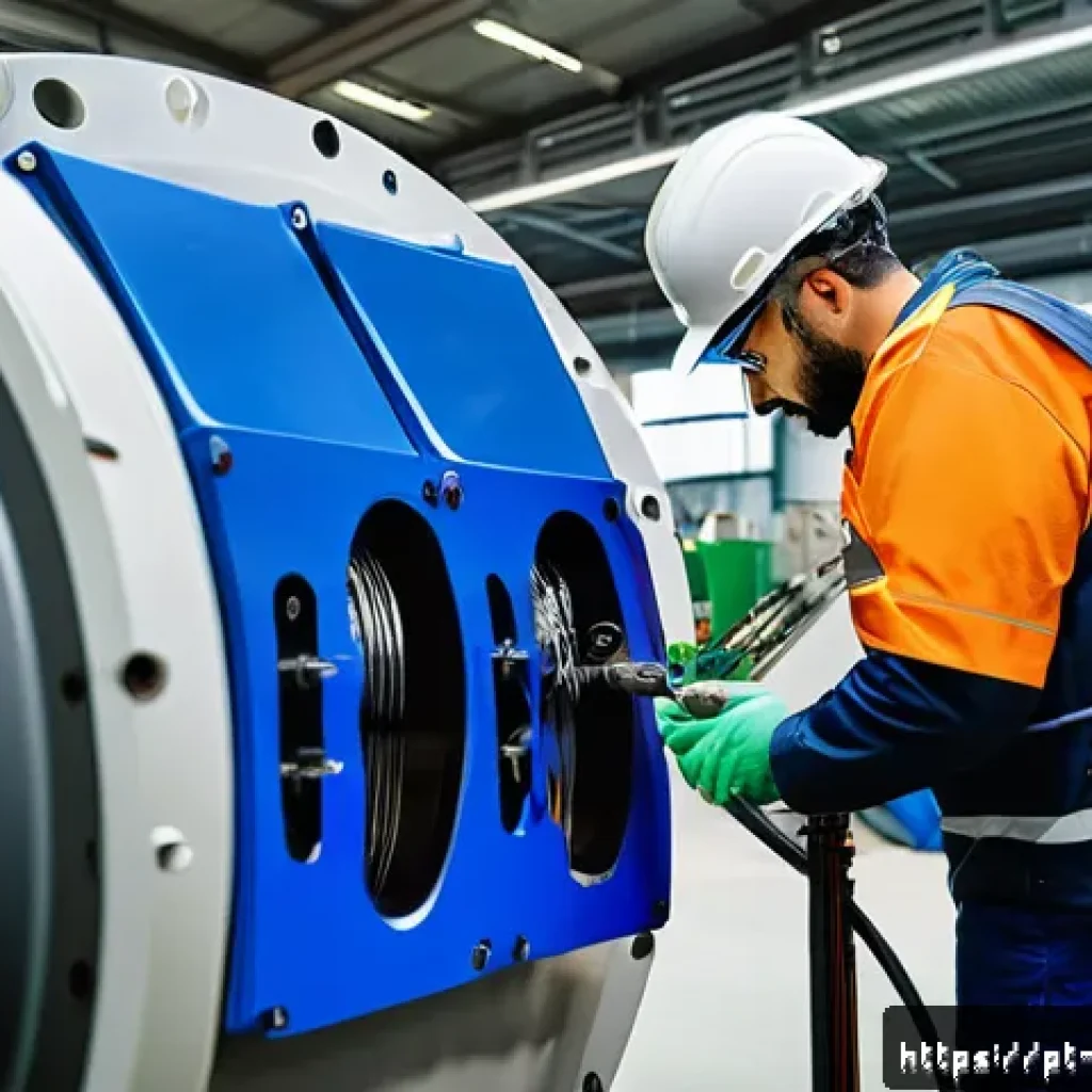 전기기기 진동 분석 - A detailed industrial scene showing a maintenance engineer installing wireless piezoelectric vibrati...