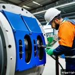 전기기기 진동 분석 - A detailed industrial scene showing a maintenance engineer installing wireless piezoelectric vibrati...
