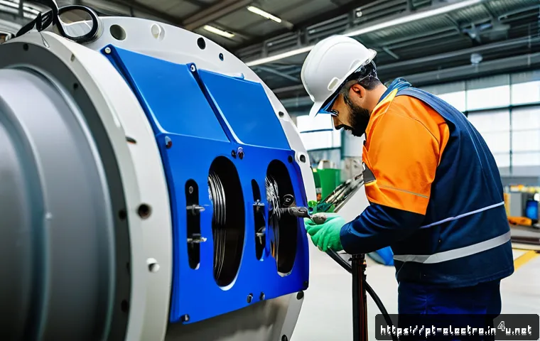 전기기기 진동 분석 - A detailed industrial scene showing a maintenance engineer installing wireless piezoelectric vibrati...