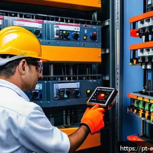 전기기기 고장 분석 - A highly detailed industrial scene showing a skilled technician performing infrared thermography ins...