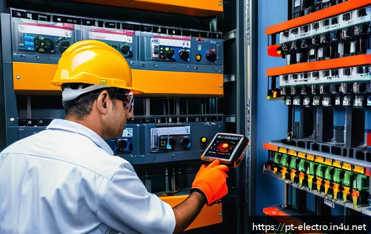 전기기기 고장 분석 - A highly detailed industrial scene showing a skilled technician performing infrared thermography ins...