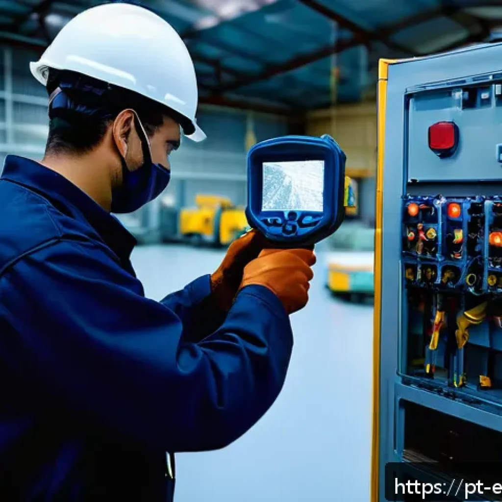 전기기기 열 해석 - A detailed industrial maintenance scene inside a large Brazilian factory, showing a skilled technici...