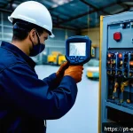전기기기 열 해석 - A detailed industrial maintenance scene inside a large Brazilian factory, showing a skilled technici...