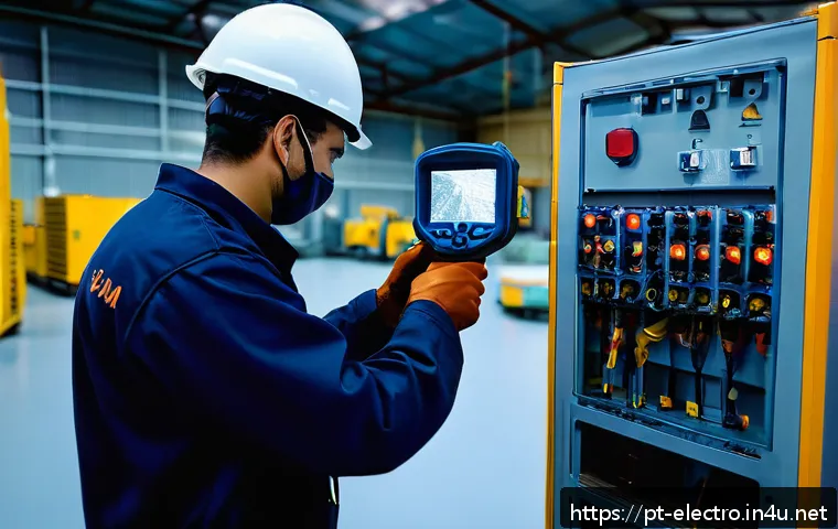 전기기기 열 해석 - A detailed industrial maintenance scene inside a large Brazilian factory, showing a skilled technici...