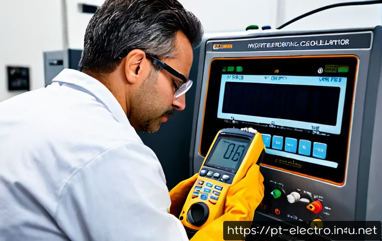 전기 시험 장비의 교정 및 보정 - Photorealistic electrical calibration laboratory in Portugal, close view of a skilled technician in ...