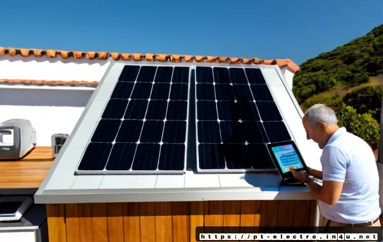 Home 17 에너지 시스템의 경제성 - Photorealistic wide-angle view of a modern Portuguese home with rooftop solar panels, a compact batt...