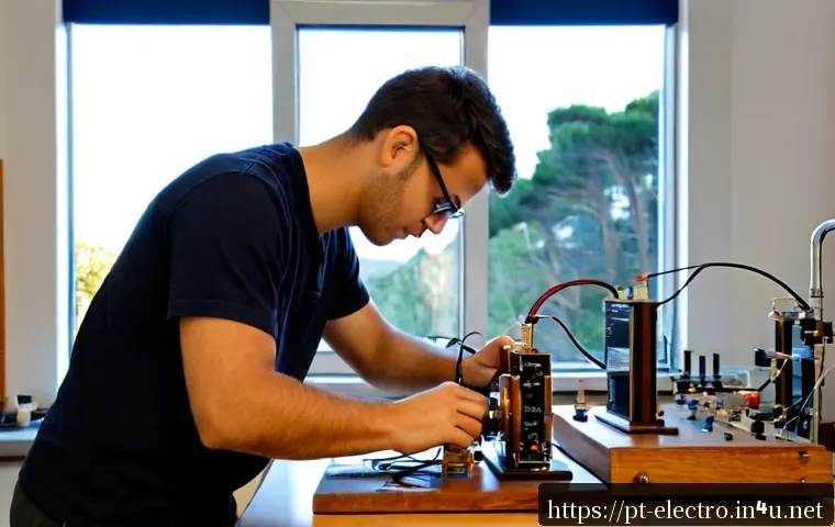 전자기학 실험 - Photorealistic university electromagnetism laboratory in Portugal, a focused adult student wearing s...